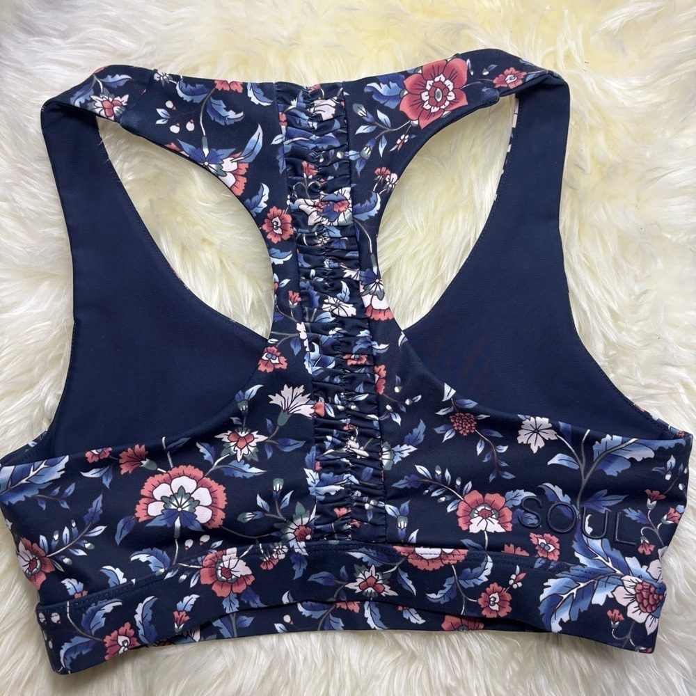Soul by SoulCycle Ruched Blue and Pink Racerback Sports Bra with Floral Print - Picture 3 of 7
